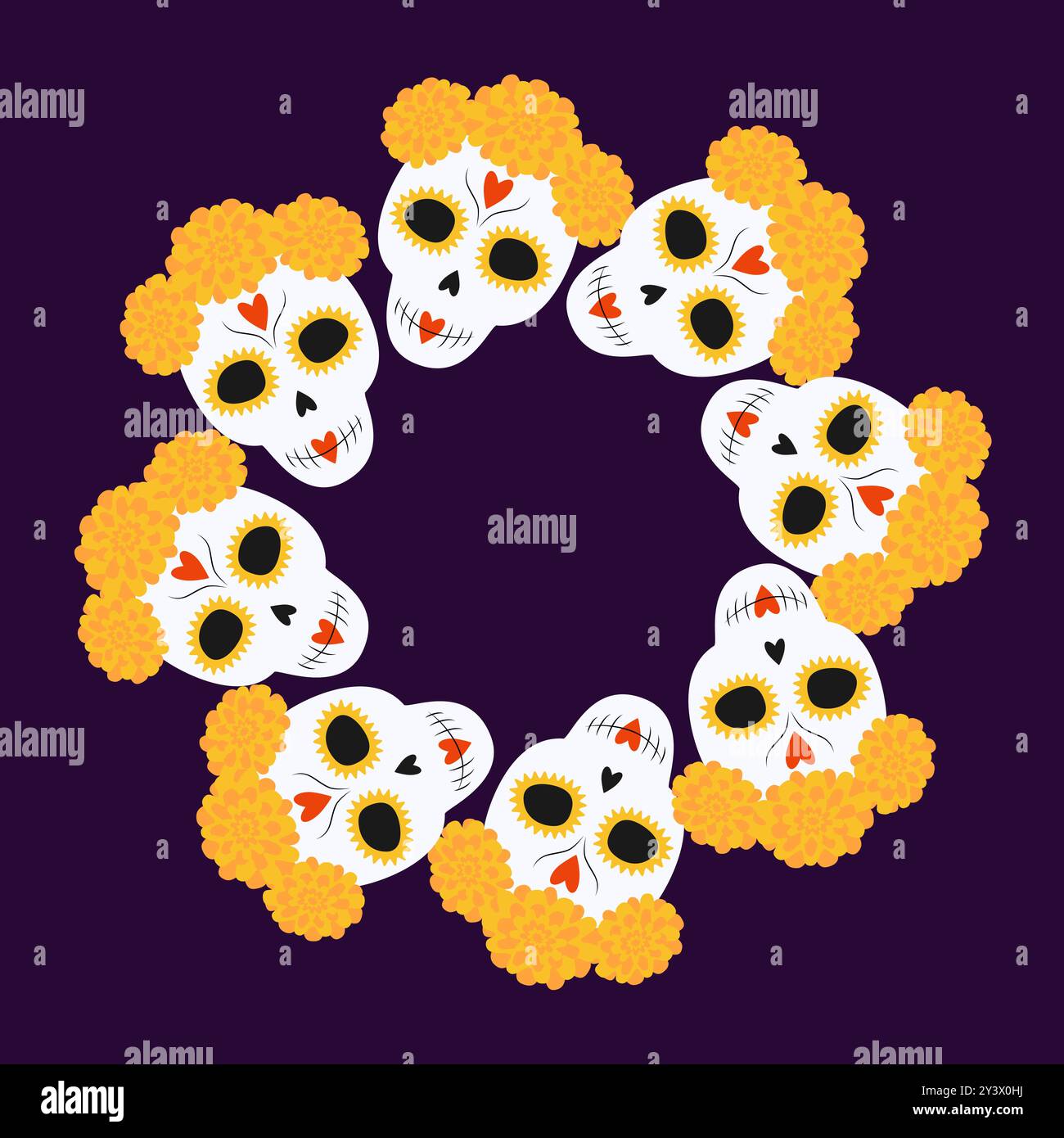 Decorative Sugar Skulls in flower wreath Circle frame. Day of the dead lettering or cards template. Isolated. Copy space. Vector illustration Greeting, poster, banner, brochure or web, promo, leaflet Stock Vector