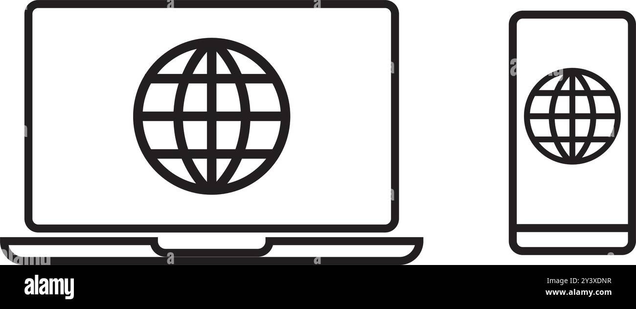 Laptop and smarphone icon. Computer, Globe, Internet, Network. Professional, pixel perfect vector icon. Stock Vector