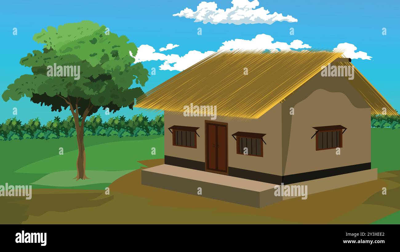 Vector of Rural Village House on a Country Road with Trees, Bushes, and ...