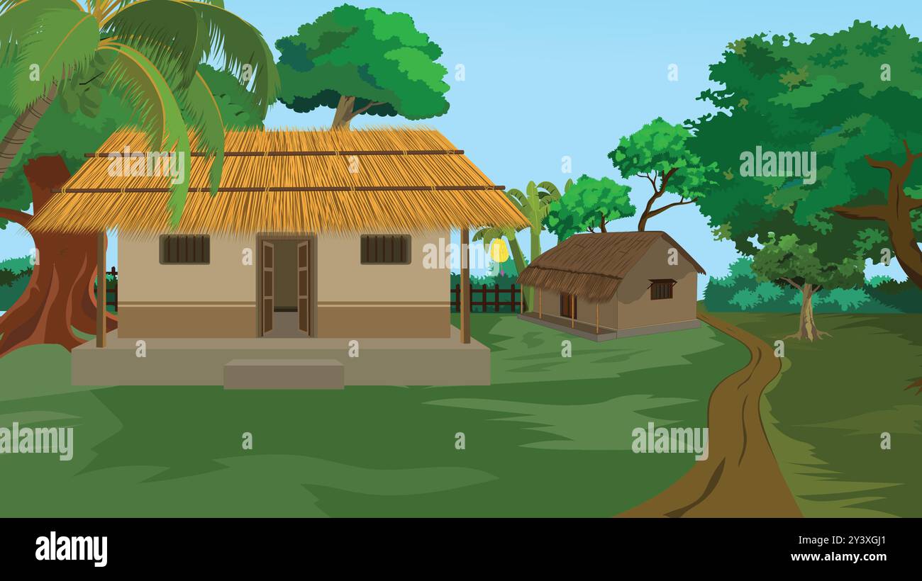 vector illustration of a cartoon village house beside road . Indian poor farmer house cottage background with houses made of straw,banana plant Stock Vector