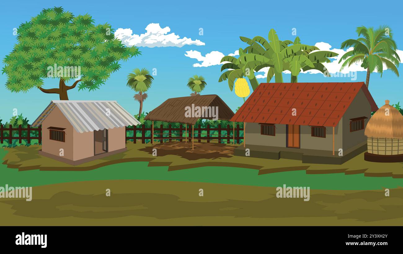 A cartoon drawing of a village with a few houses and a palm tree. The houses are small and made of straw. Scene is peaceful and simple Stock Vector