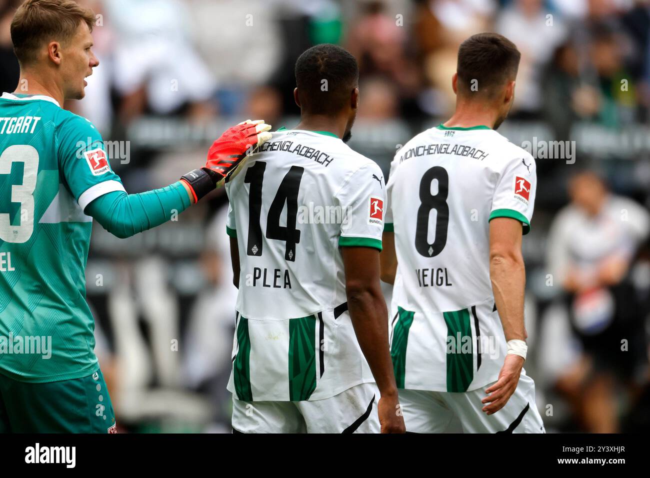 Moenchengladbach, Deutschland, Germany 1. Fussball Bundesliga, 3.Spieltag,  Borussia Moenchengladbach :  VFB Stuttgart 1-3 14. 09. 2024 im Borussia Park in Moenchengladbach Alassane PLEA (MG)  2.v.re.- erzielt das 1-0 , verletzt sich aber bei dem Zusammenprall mit Torwart Alexander NÜBEL (VFB) li.- und wird von diesem getröstet Photo: Norbert Schmidt, Duesseldorf Stock Photo
