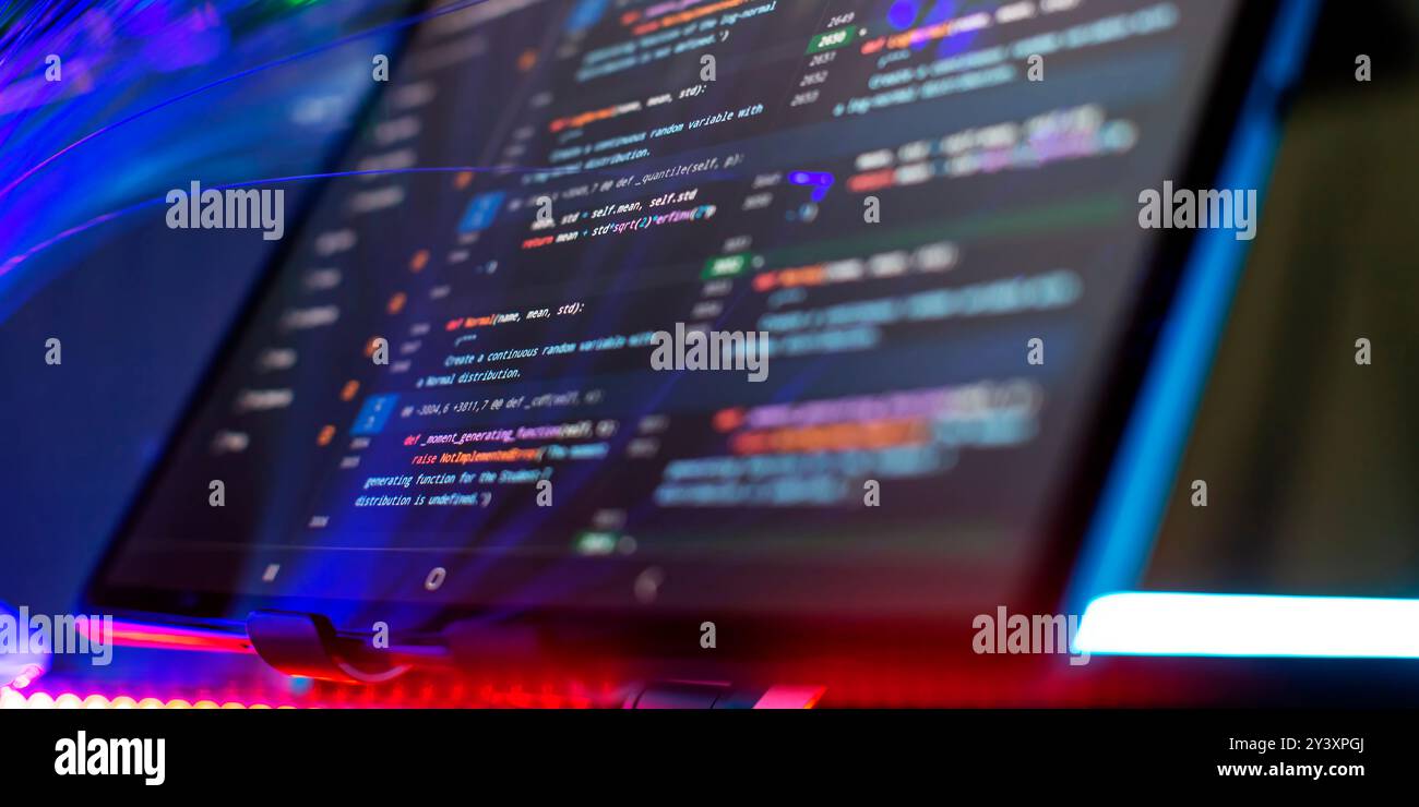 Modern tech. PHP syntax highlighted. Writing programming functions on laptop. Stock Photo