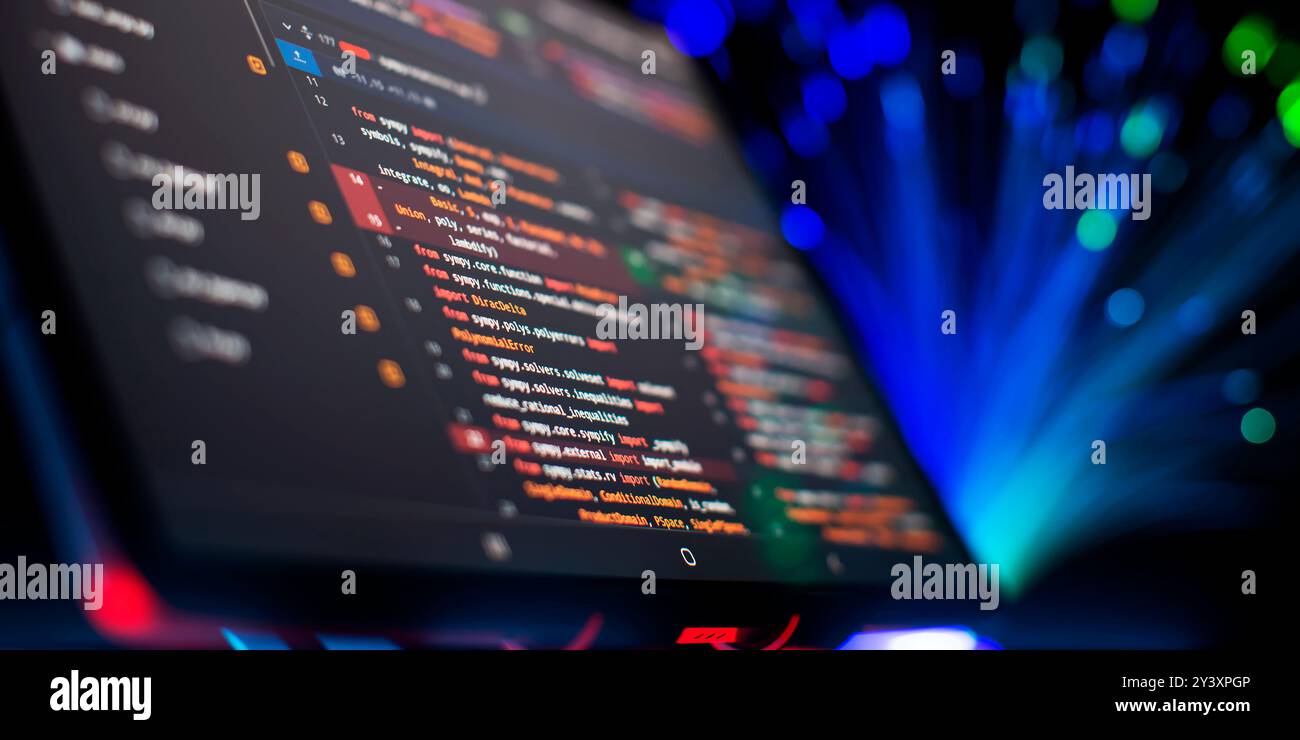 Modern tech. PHP syntax highlighted. Writing programming functions on laptop. Stock Photo