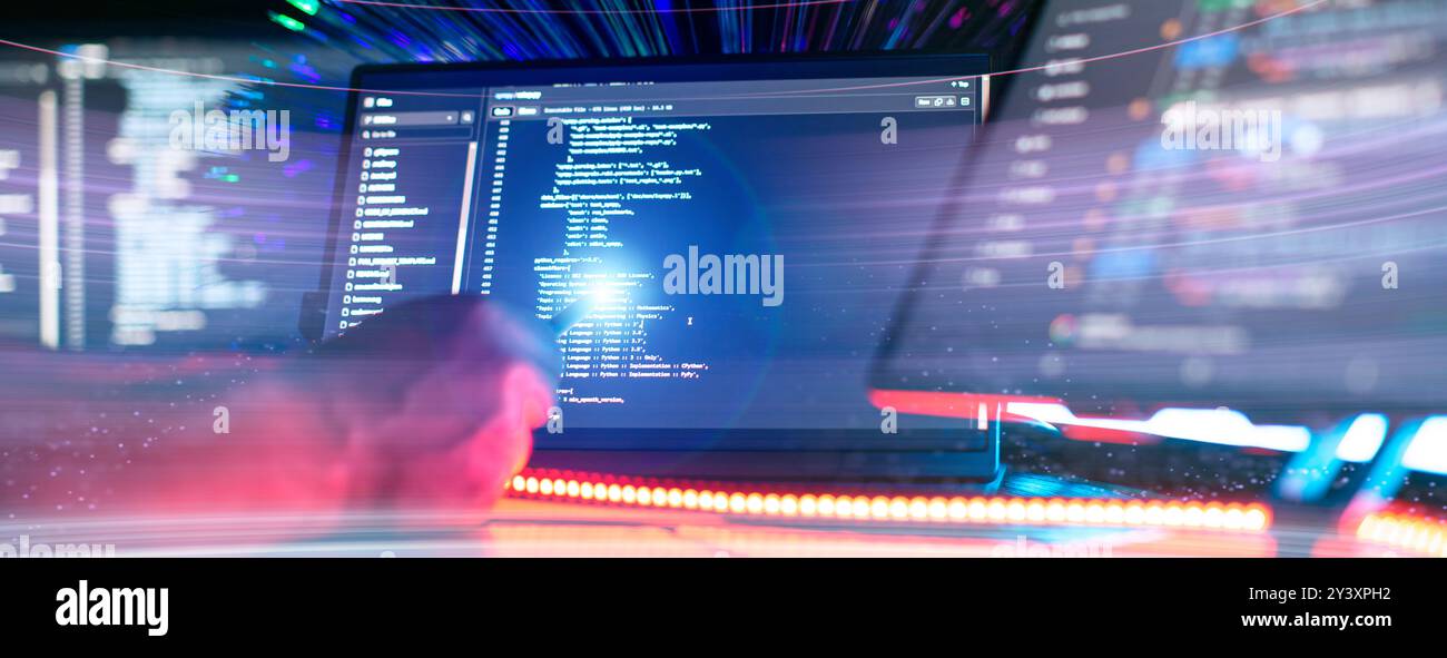 Work from home. Programmer coding code on notebook screen at Stock Photo