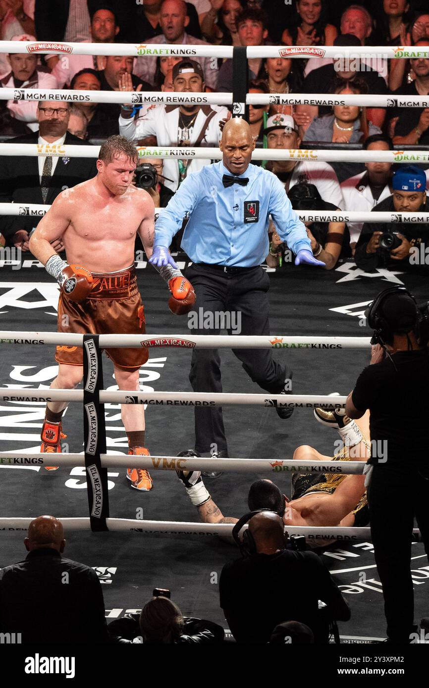 Las Vegas, Nevada, United States. 14th Sep, 2024. LAS VEGAS, NEVADA -SEP 14: Saul 'Canelo' Alvarez (L) knocks down Edgar Berlanga (R) during their WBC, WBA and WBO Super Middleweight World Titles Fight at T-Mobile Arena on September 14, 2024 in Las Vegas, Nevada. (Photo by Hector Leyva/PxImages) Credit: Px Images/17�Թ����� Live News Stock Photo