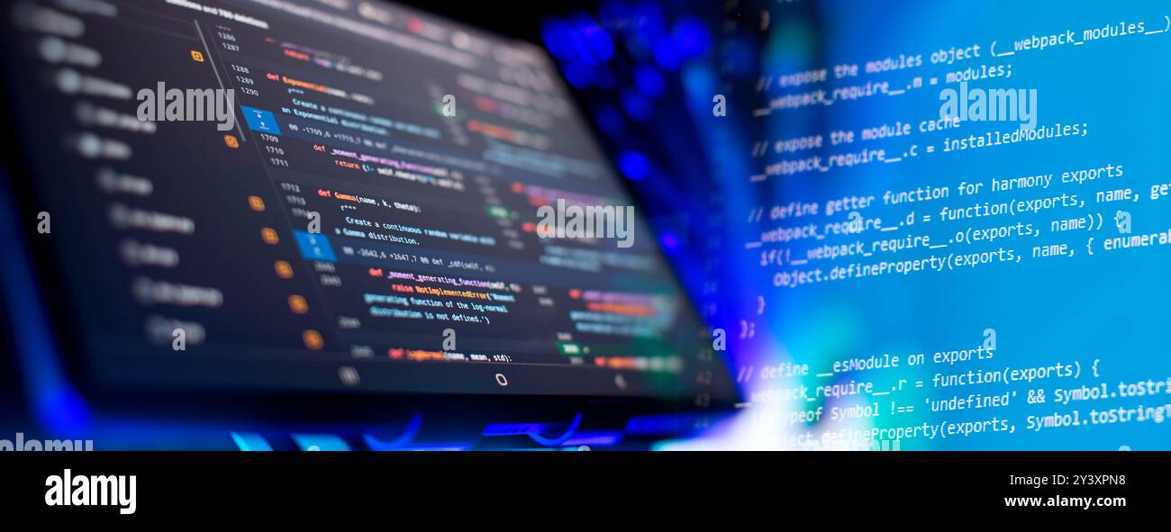 Modern tech. PHP syntax highlighted. Writing programming functions on laptop. Stock Photo