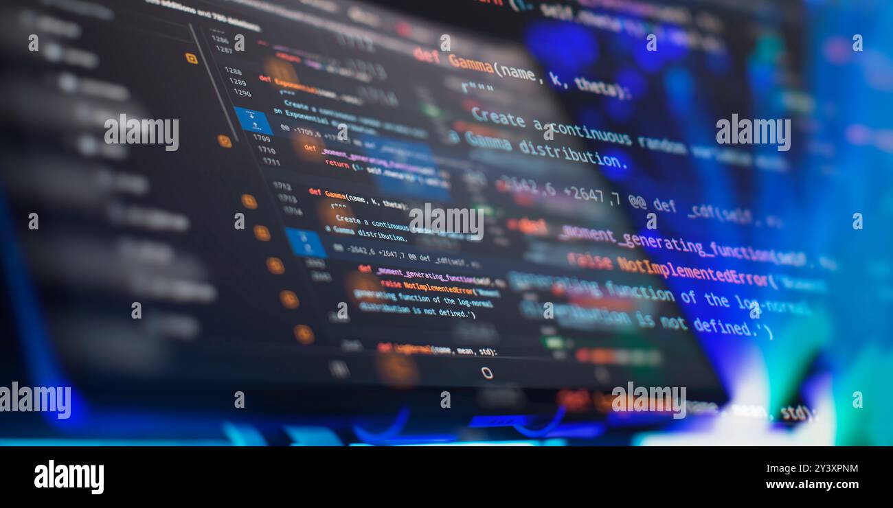 Modern tech. PHP syntax highlighted. Writing programming functions on laptop. Stock Photo