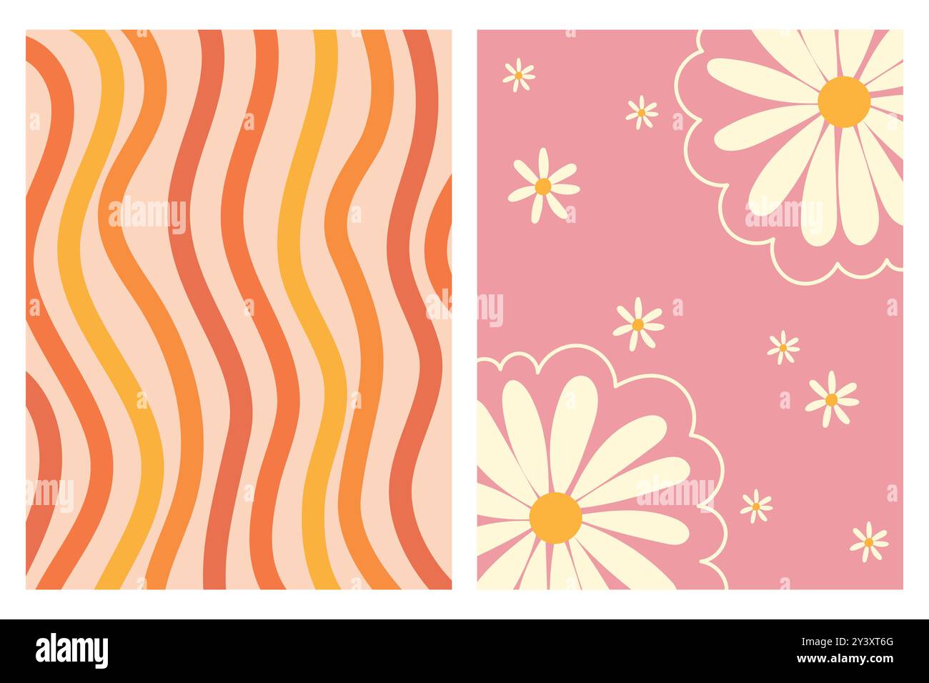 Two abstract patterns, one with wavy lines and one with daisies, on a pink and orange background. Stock Vector