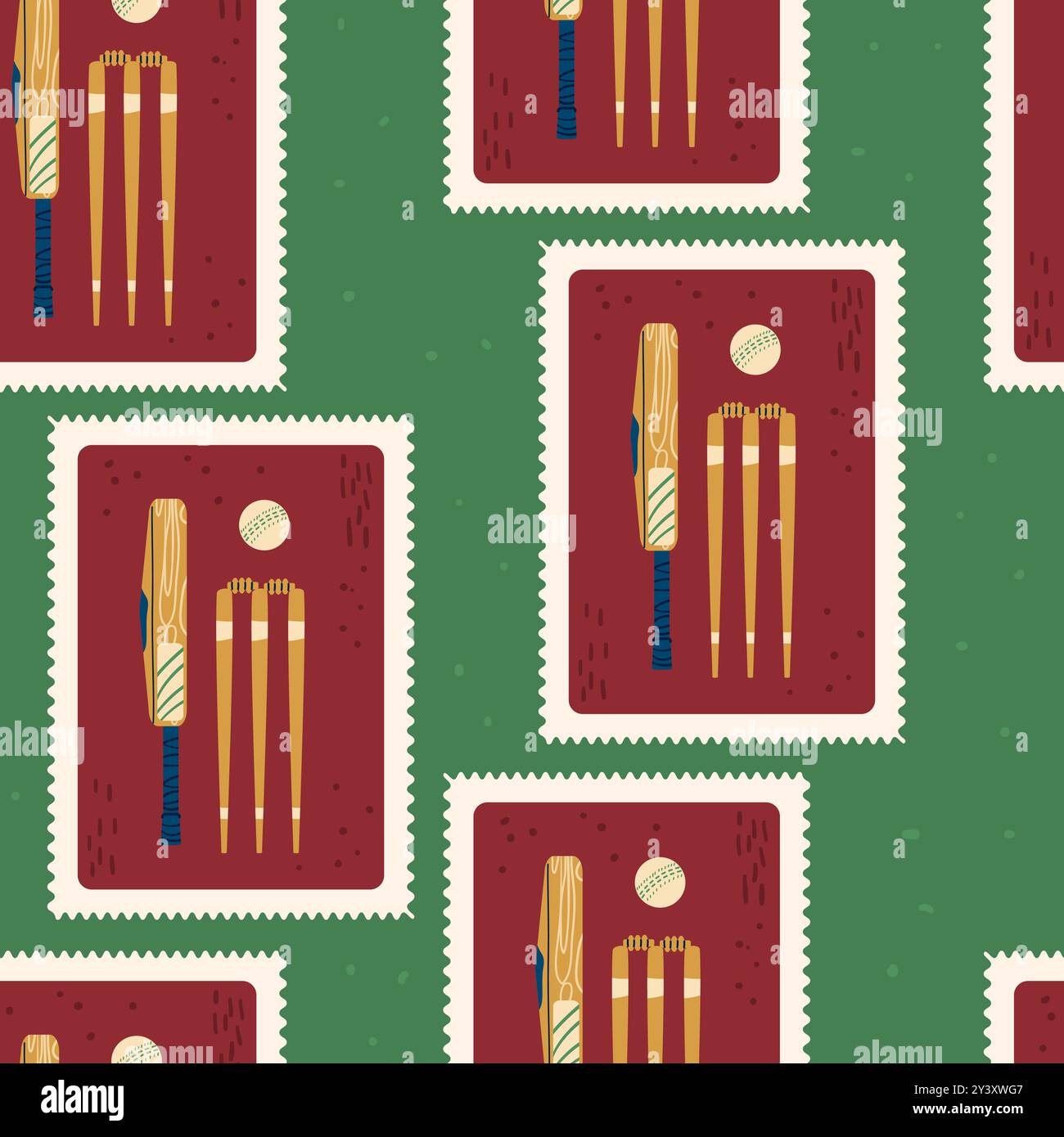 Cricket patchwork seamless pattern. Bento box repeat background. Bat wicket bails and ball retro post stamps endless design. Vector hand drawn flat il Stock Vector