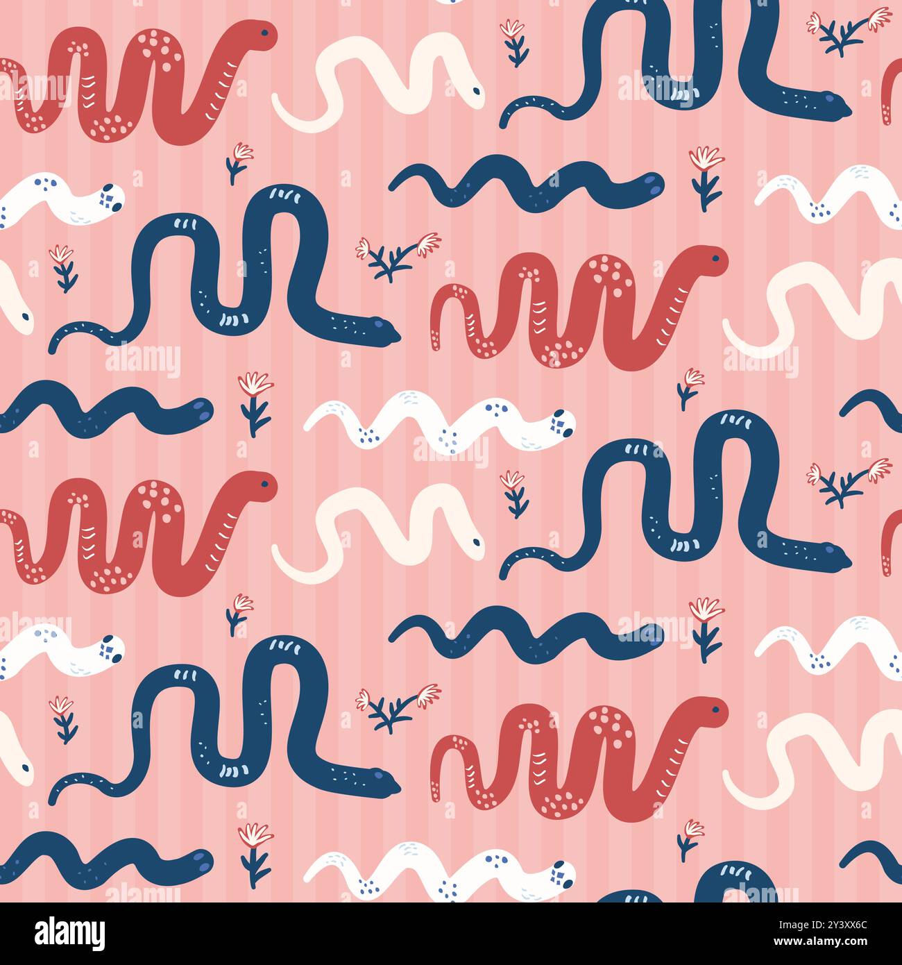 Playful snakes seamless pattern. Reptiles pink repeat background. Animal surface pattern design. Vector hand drawn illustration. Stock Vector