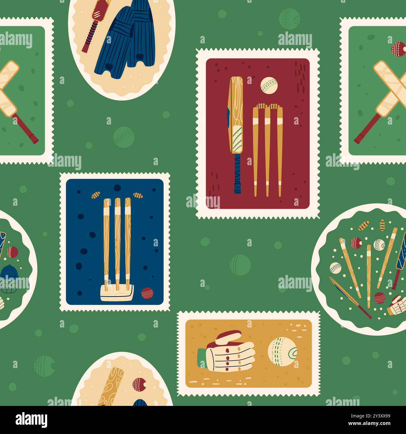 Cricket patchwork seamless pattern. Bento box repeat background. gloves, wicket bails, ball retro post stamps surface pattern design. Vector hand draw Stock Vector