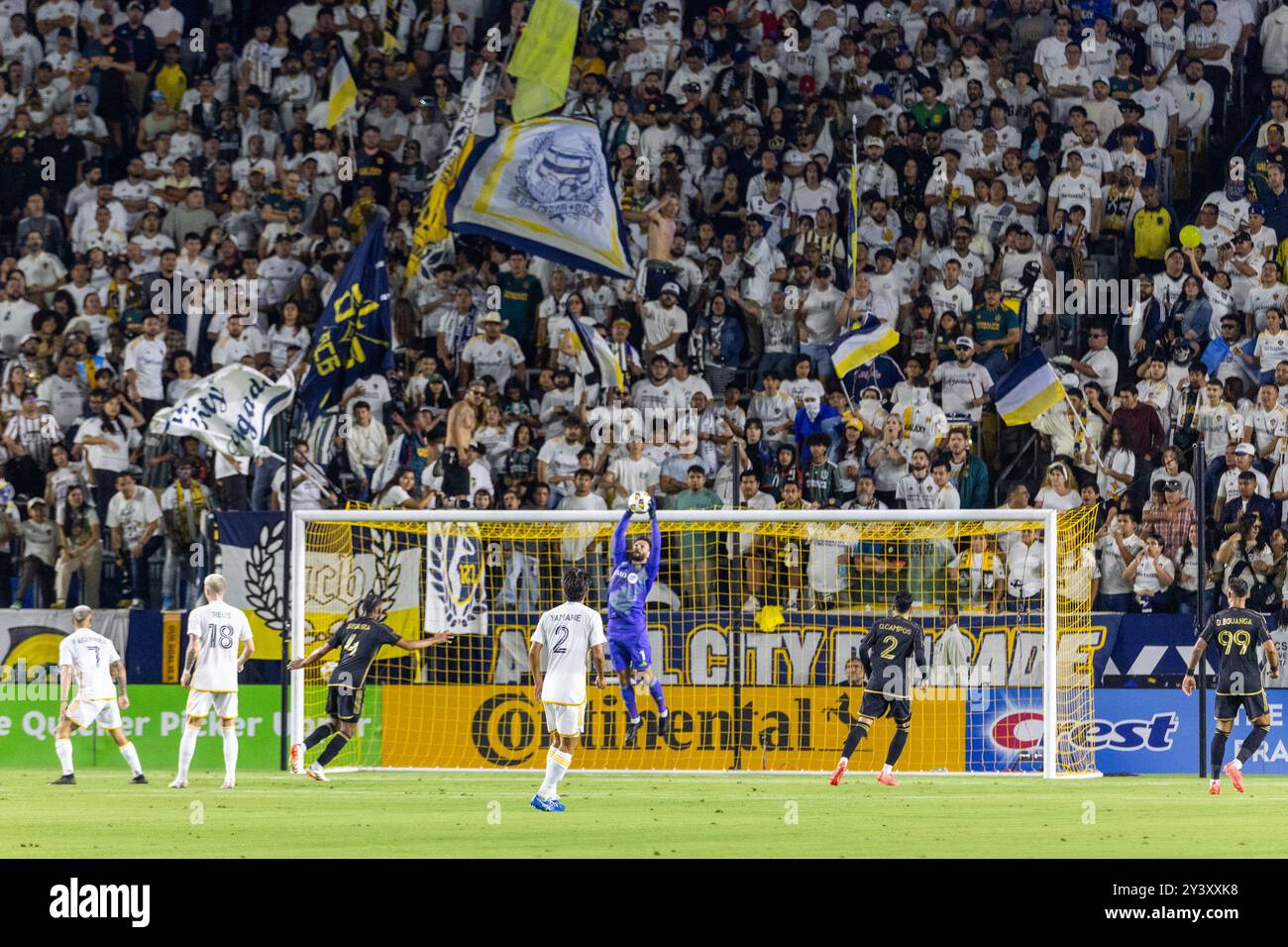 Los Angeles, United States. 14th Sep, 2024. Los Angeles FC goalkeeper Hugo Lloris (C) makes a catch against the LA Galaxy during an MLS soccer match at Dignity Health Sports Park. Credit: SOPA Images Limited/Alamy Live News Stock Photo