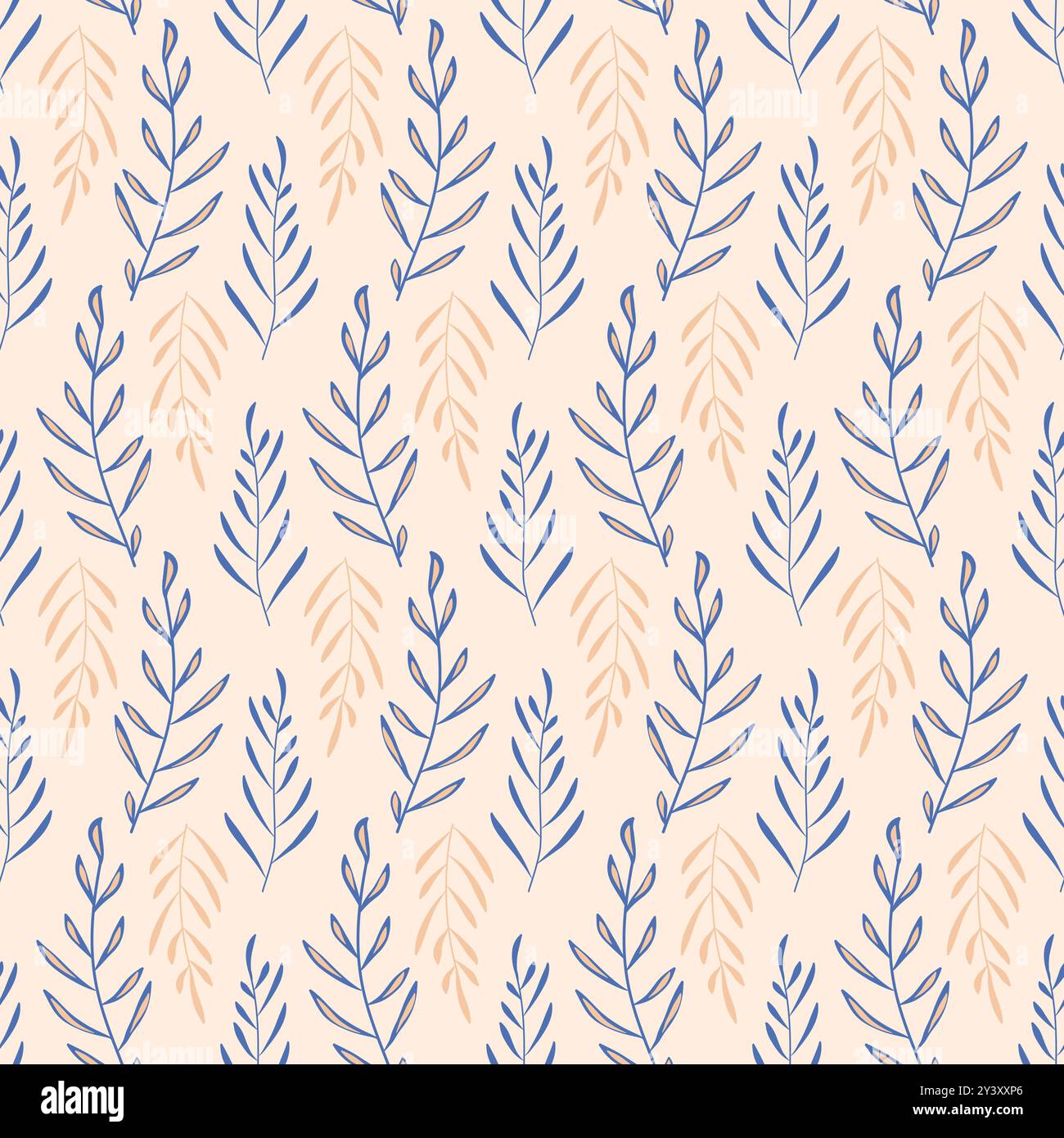 Leaves seamless pattern. Simple floral repeat background. Stylized beige and blue branches surface pattern design. Vector flat hand drawn illustration Stock Vector