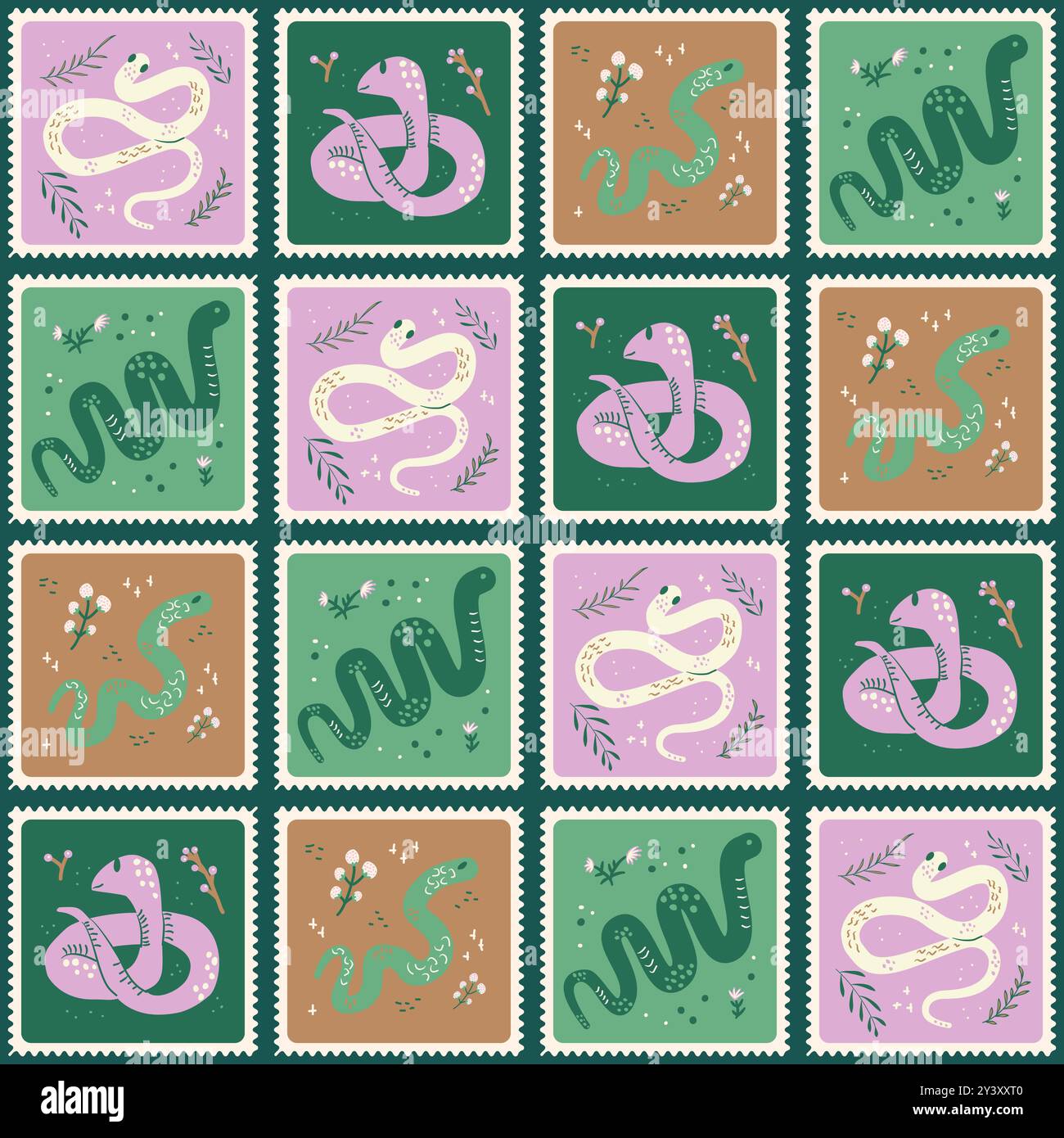 Snakes quilted seamless pattern. Various reptiles patchwork repeat background. Animal pythons surface pattern design. Vector hand drawn flat illustrat Stock Vector