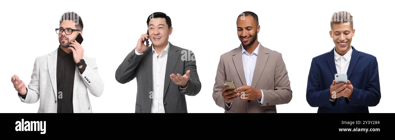 Man Using Many Phones Group people all on phones Cut Out Stock Images & Pictures - Alamy