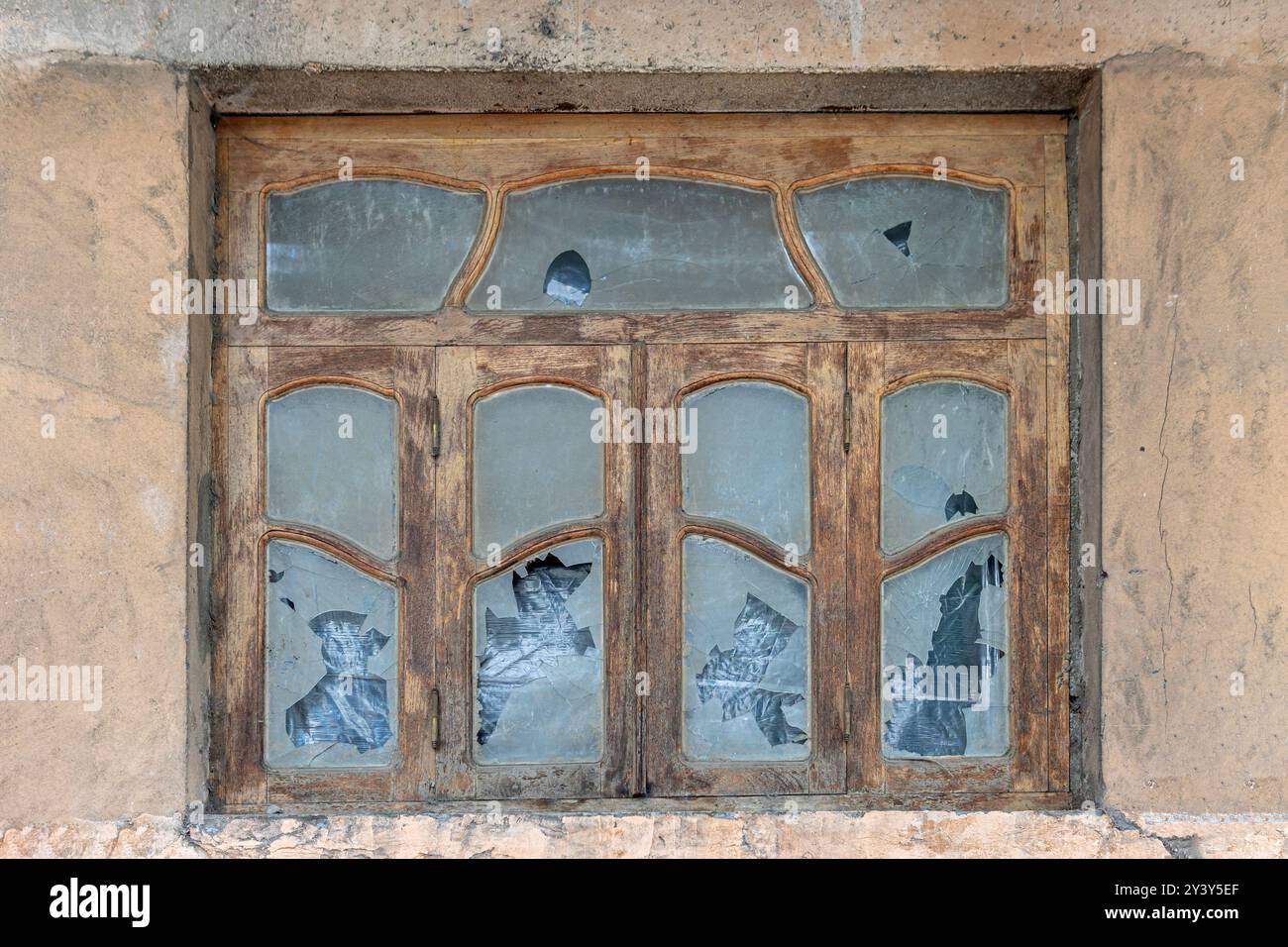 Old wooden window frame in Art Nouveau style with broken glass Stock ...