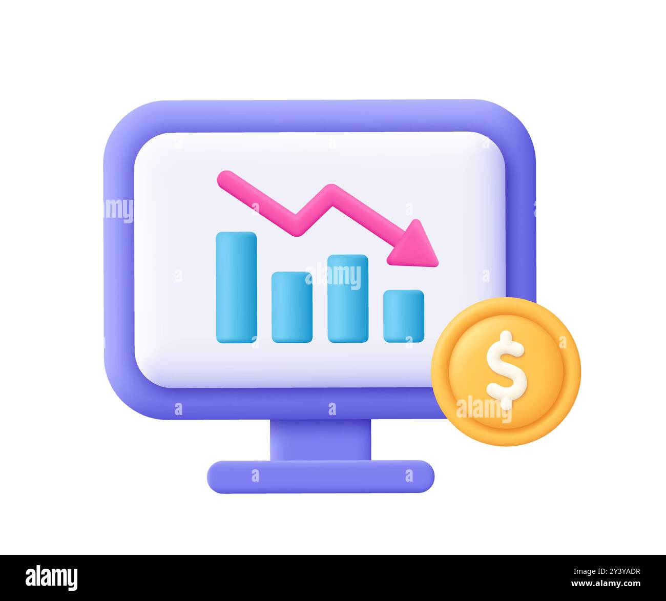 Computer and descending chart graph with down arrow, coin with dollar sign. Economic crisis, bankruptcy, trading decrease, business and finance risk c Stock Vector