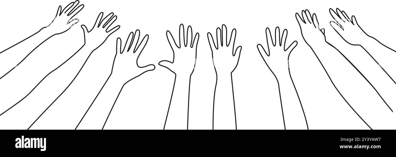 Many hands raised up against the sky stroke line vector. Stock Vector