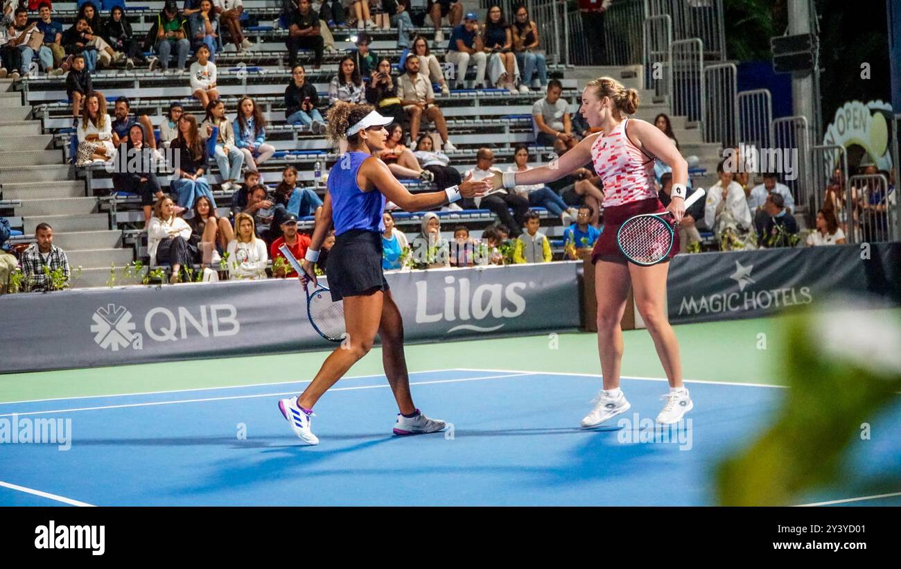 Monastir, Tunisia, 14 September 2024. Mayar Sherif of Egypt and Anna Blinkova of Russia play against Anastasia Zakharova of Russia and Alina Korneeva of Russia in the Women's Doubles Final match of the Jasmin Open tennis tournament in Monastir, Tunisia. The women's professional tennis tournament has been taking place at the Magic Hotel Skanes in Monastir between 9 and 15 September 2024 Stock Photo