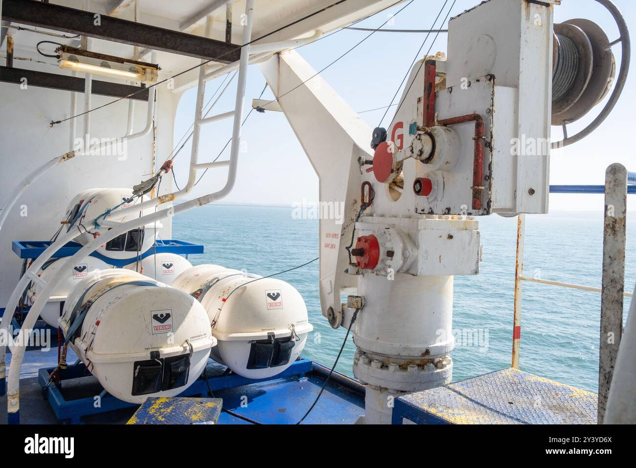 Emergency life rafts for passenger evacuations, in their protective cannisters stowed onboard the Stena Line ferry on route to Dublin in Ireland. Stock Photo