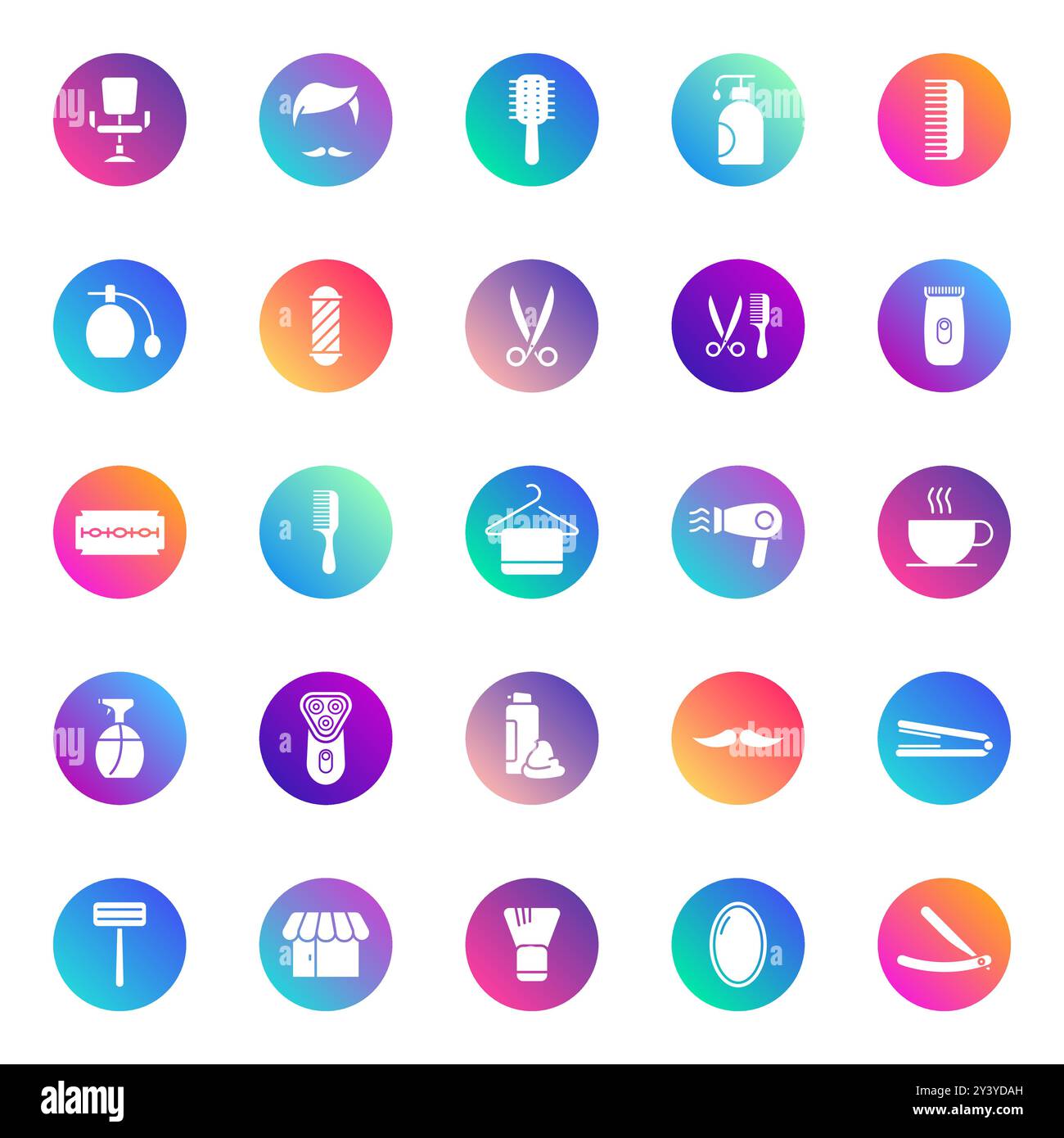 Barbershop vector icons on color gradient rounds Stock Vector