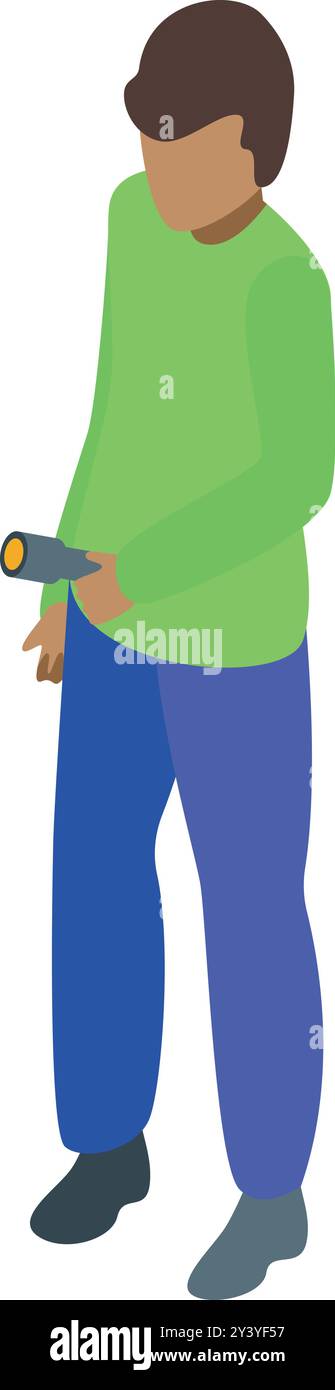 Young man holding flashlight isometric icon vector illustration Stock Vector