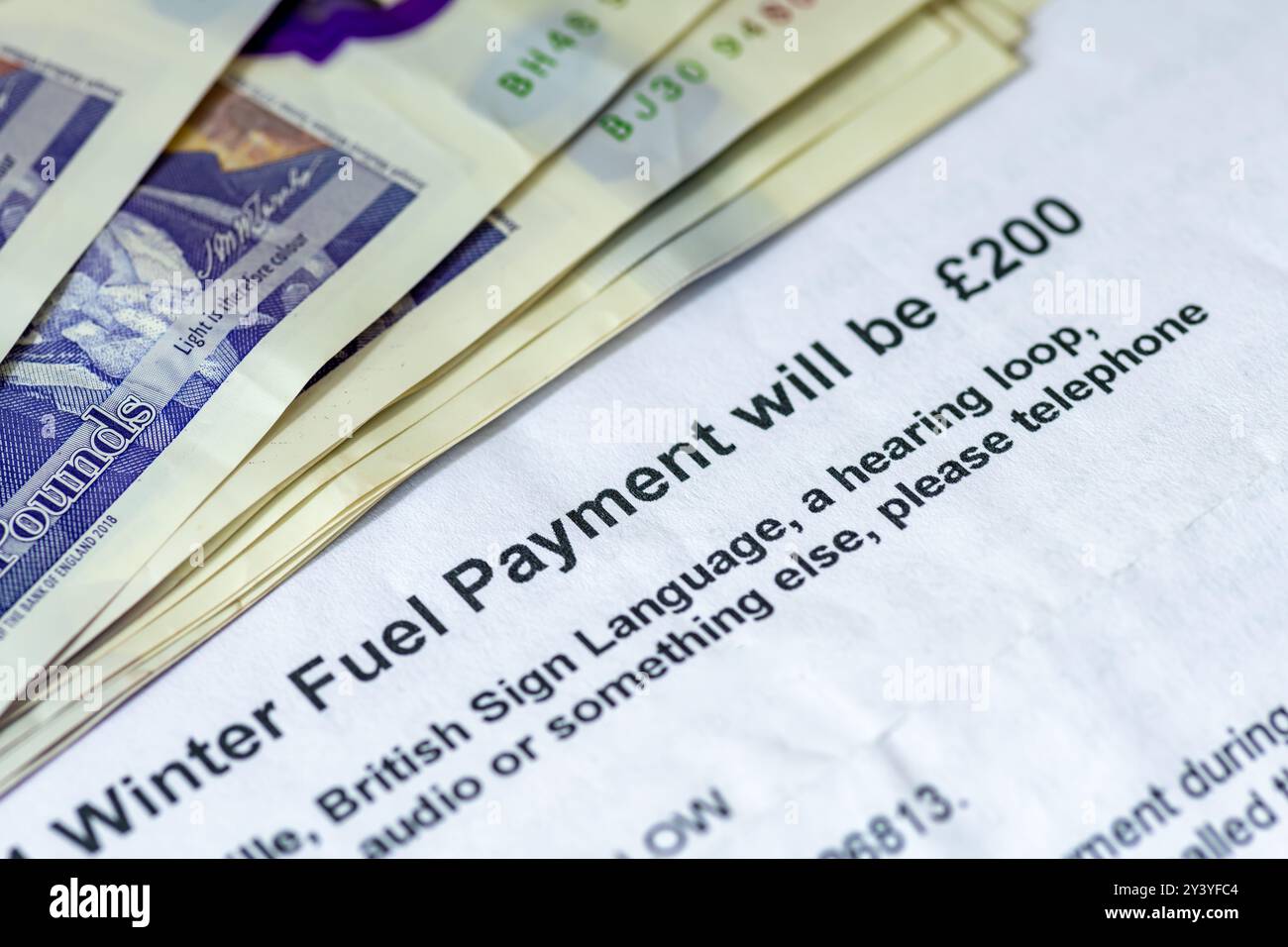 Close up of a Winter Fuel Payment letter informing the pensioner of a payment to help with heating cost. Stock Photo