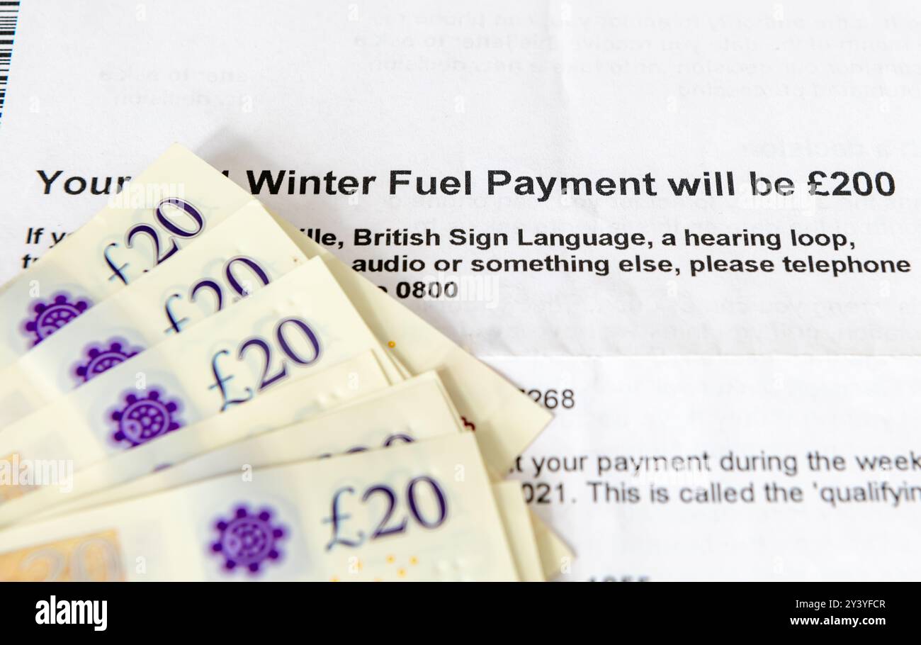 Close up of a Winter Fuel Payment letter informing the pensioner of a payment to help with heating cost. Stock Photo