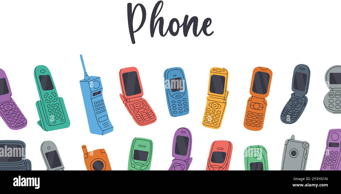 Phones horizontal banner. Mobile phone from the 90s. Retro electronic devices. Flip mobile, pager, beeper, cell phone, old telephone. Stock Vector