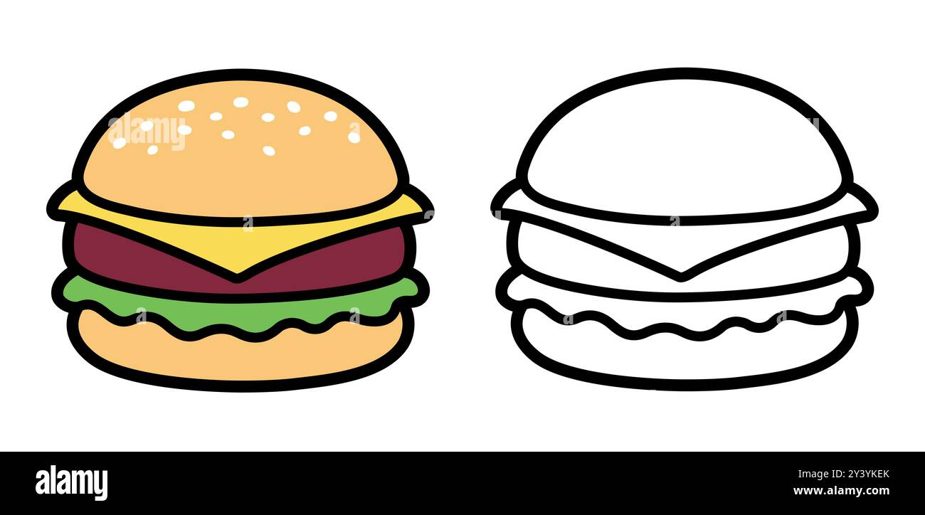 Cartoon cheeseburger, color drawing and black and white line icon. Cute