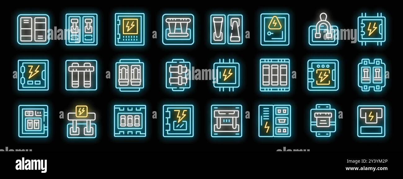 Set of glowing neon icons featuring various electrical panels, circuit breakers, and fuse boxes, illuminating the concept of electrical safety and power distribution Stock Vector