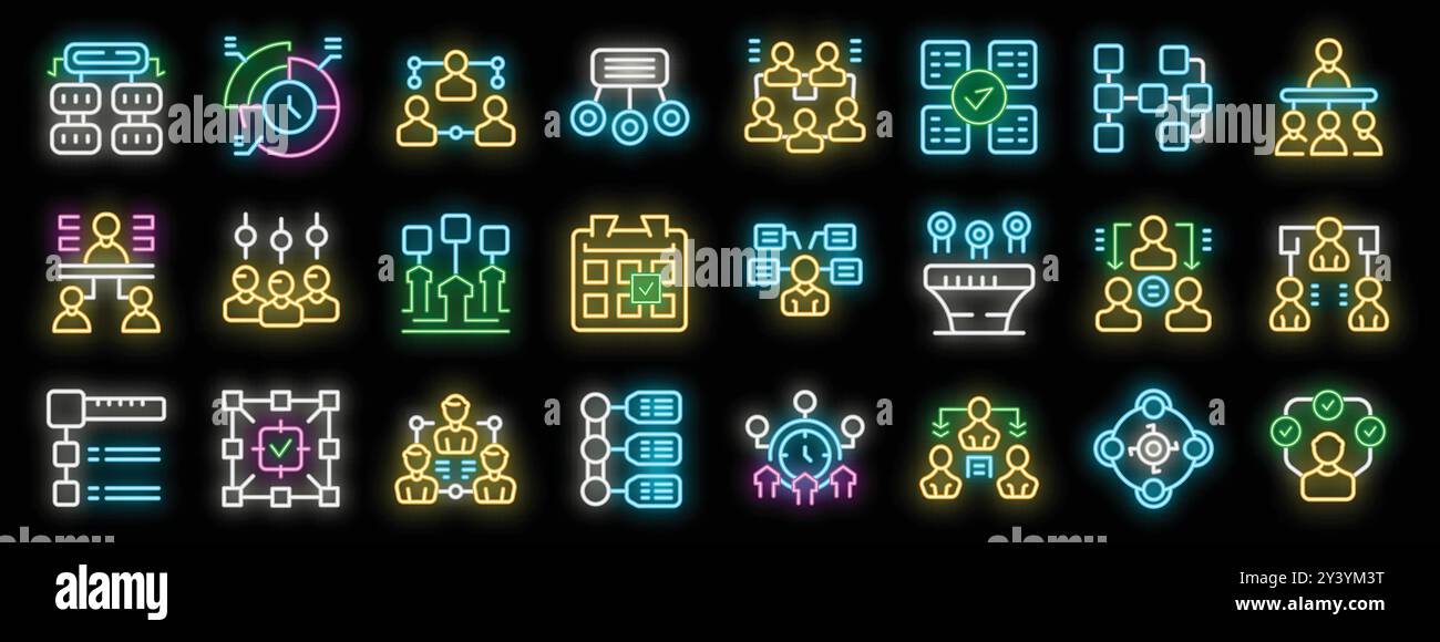 Workflow organization neon icons set vector. Workflow and project ...