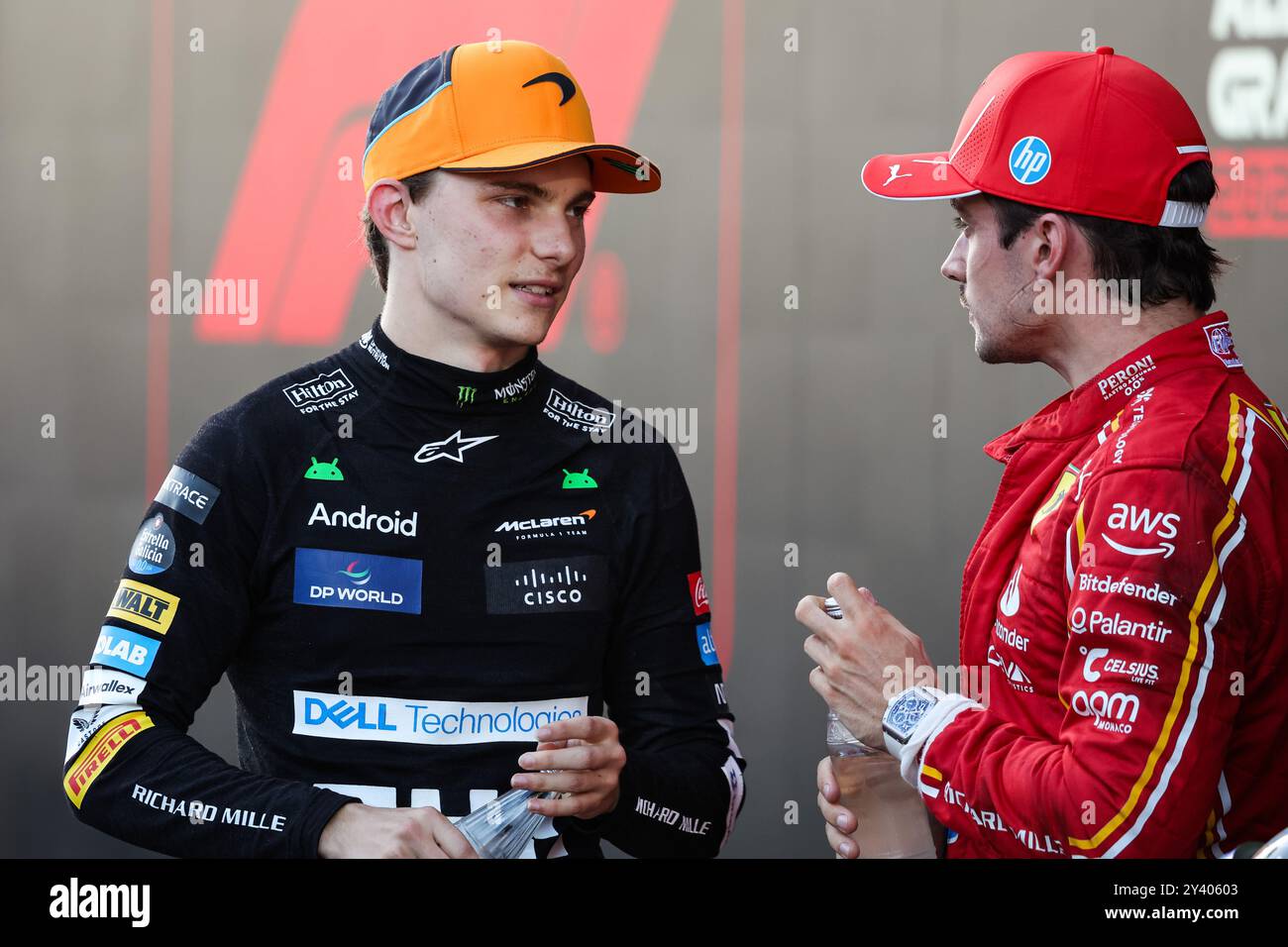 PIASTRI Oscar (aus), McLaren F1 Team MCL38, LECLERC Charles (mco), Scuderia Ferrari SF-24, portrait during the Formula 1 Azerbaijan Grand Prix 2024, 17th round of the 2024 Formula One World Championship from September 13 to 15, 2024 on the Baku City Circuit, in Baku, Azerbaijan Stock Photo