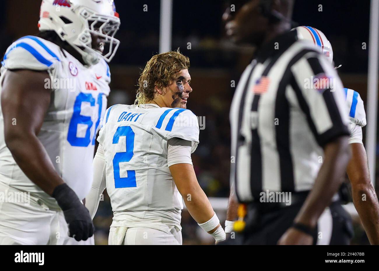 american football penalty removal of helmet September 14, 2024: Mississippi senior Jaxson Dart (2) looks back after  getting called for penalty for removing helmet. NCAA football game between  Ole Miss University and Wake Forest University at Allegacy Federal