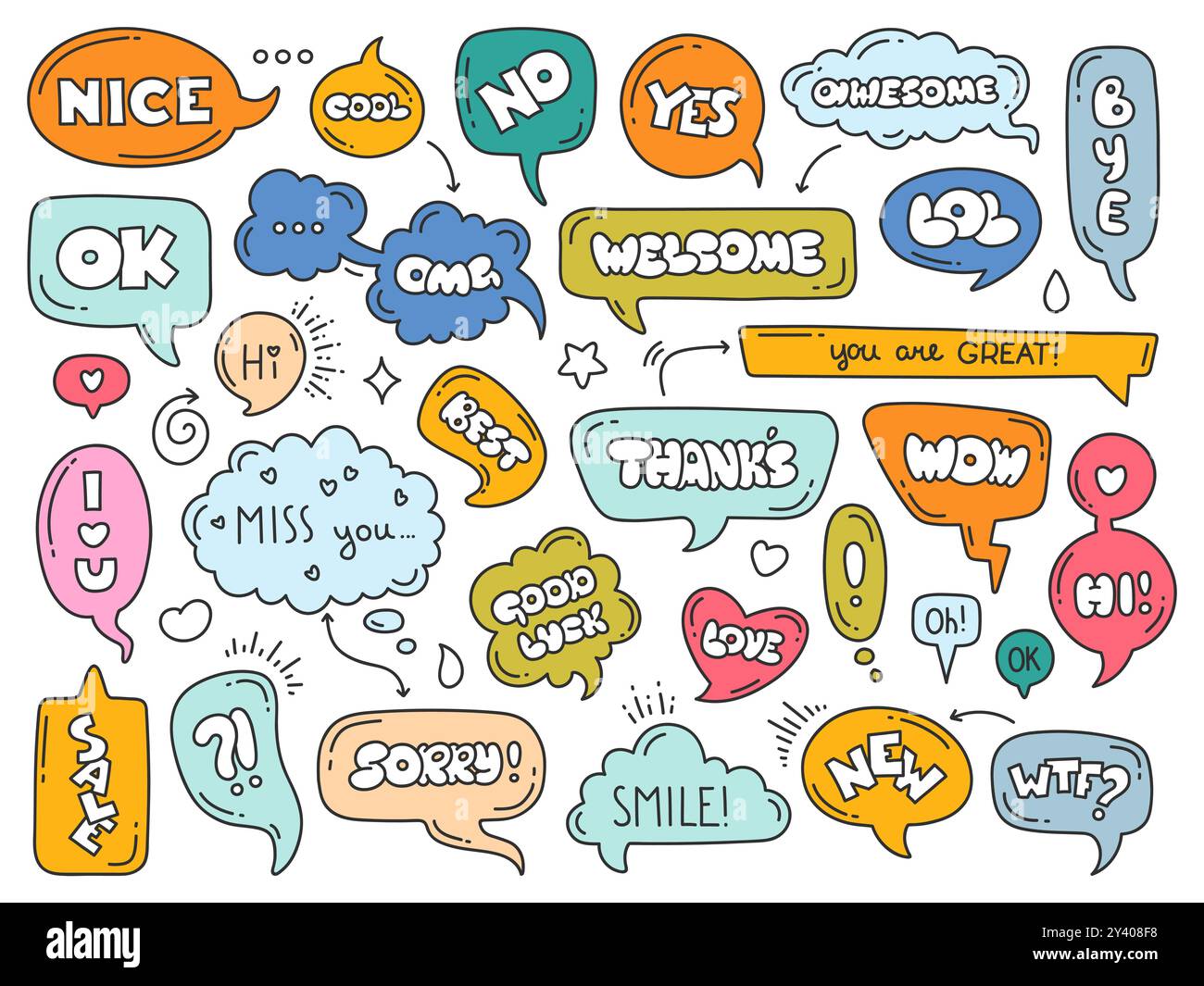 Speech bubbles with words. Different shapes dialog clouds, cute doodle style, short phrases, funky hand drawn text, rounded font, stickers Stock Vector