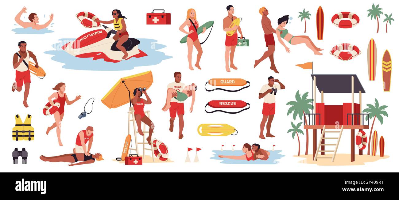 Cartoon water rescuers characters. Lifeguards pull drowning people out ...