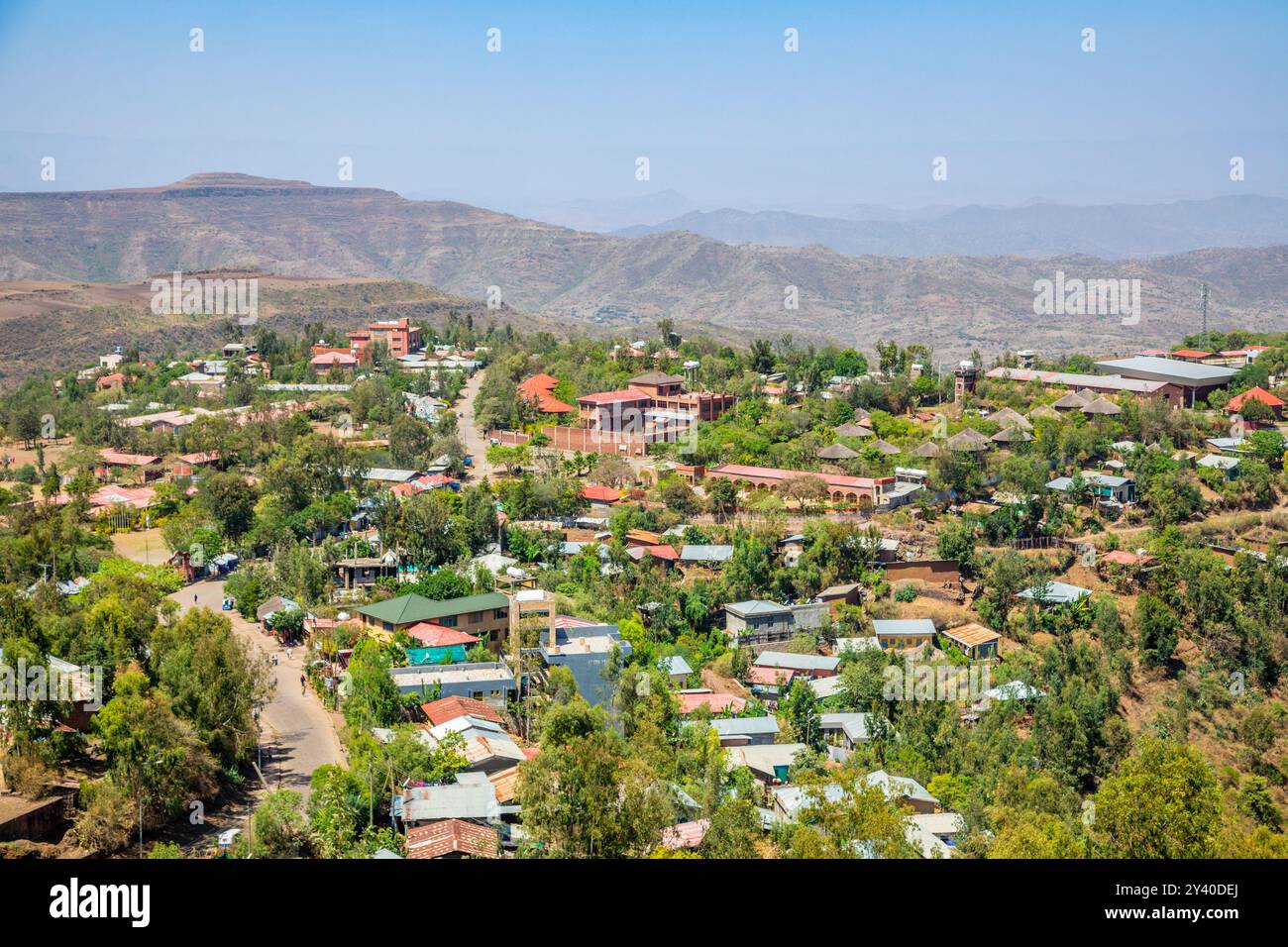 Aerial view to ethiopian town streets and buildings, Lalibela, Amhara ...