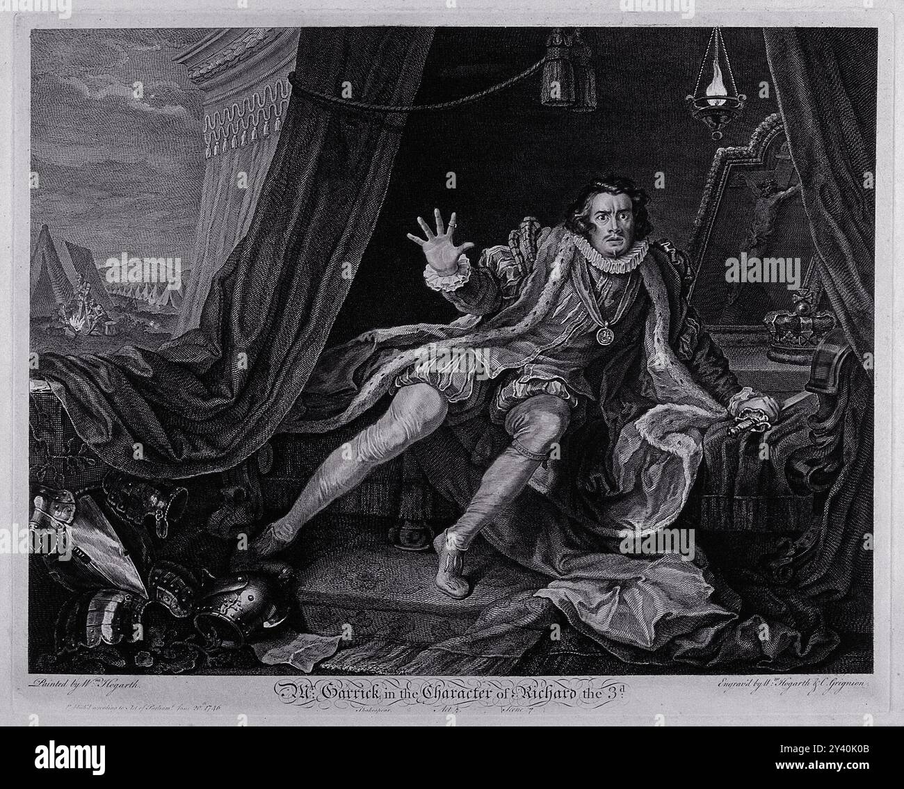 David Garrick (18th century English actor) portrays Richard III, startled from a nightmare, surrounded by a military camp that enhances the dramatic tension of the scene. Stock Photo