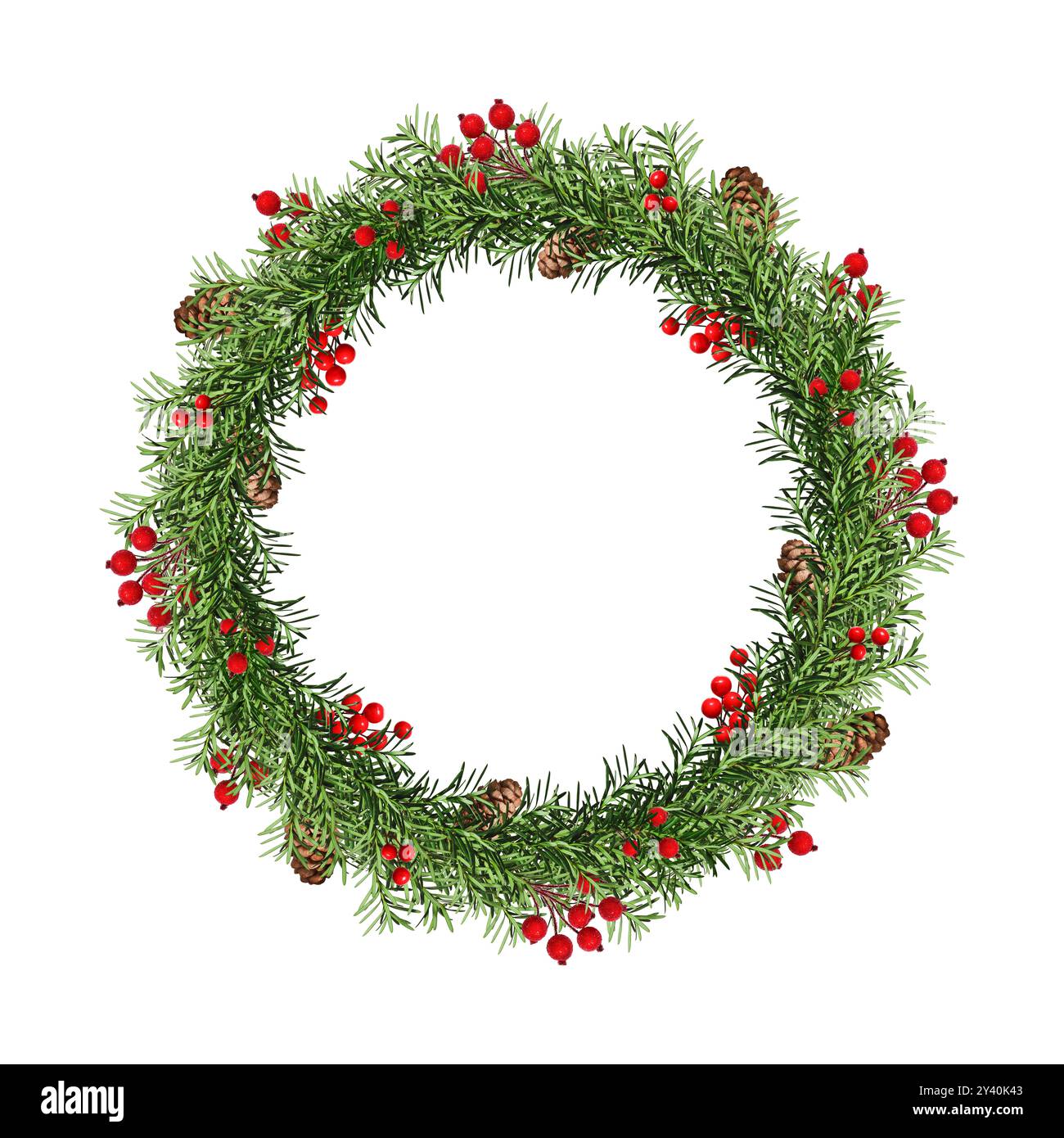 Festive Christmas wreath. Round frame of coniferous branches decorated with cones and artificial red berries. Stock Photo