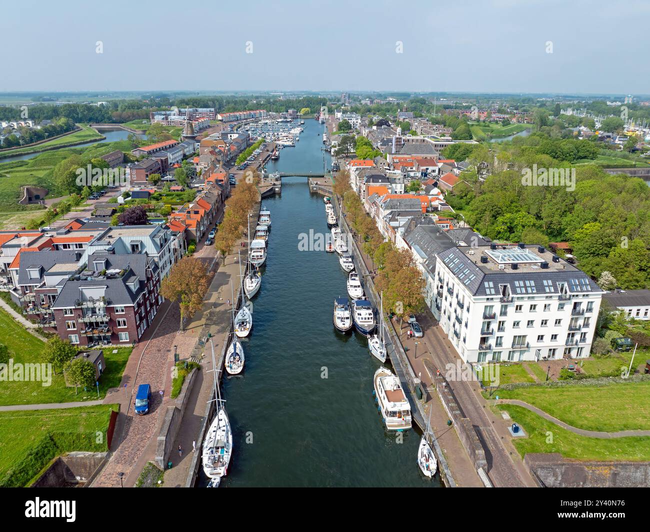 Aerial from the town Hellevoetsluis with the lighthouse in the Netherlands Stock Photo