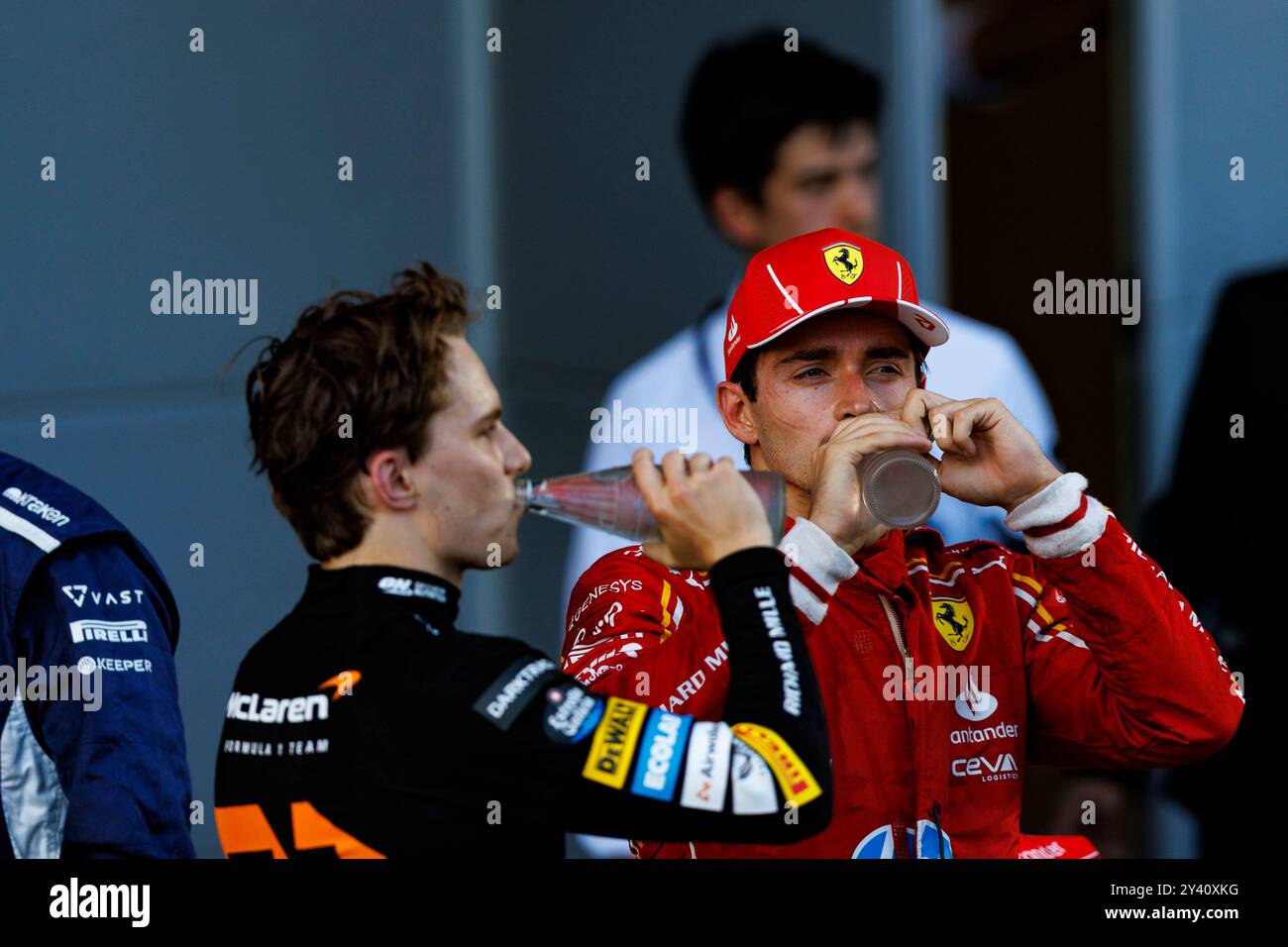 Baku City Circuit, Baku, Azerbaijan. 15th Sep, 2024. Formula 1 Azerbaijan Grand Prix 2024; Race Day; Oscar Piastri, Charles Leclerc on the podium after the race at the Azerbaijan Formula 1 Credit: Action Plus Sports/Alamy Live News Stock Photo