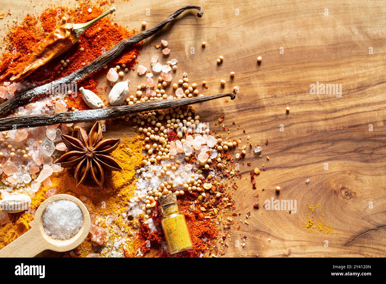 Various spices on wooden background Stock Photo