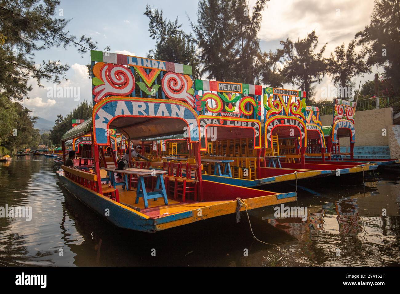 Trajineras Xochimilco, tourist area on a canal with boat rides and ...