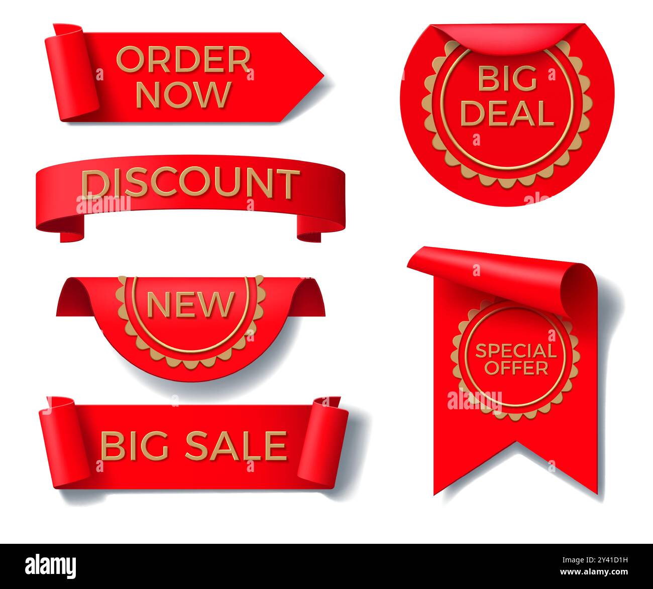 Banner with ribbon. 3d red label, tag sticker for text background. Circle, round and scroll sign paper. Sale discount special offer. New collection emblems. Isolated realistic elements. Vector design Stock Vector