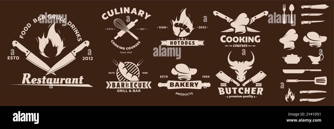 Cook logo. Chef recipe icons. Bistro class label. Restaurant food ...