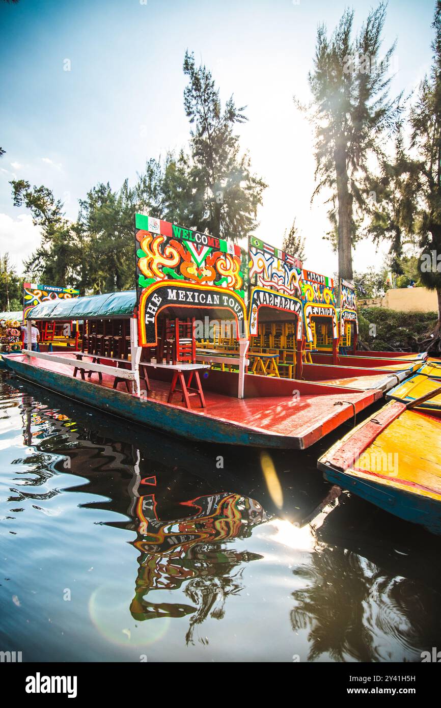 Trajineras Xochimilco, tourist area on a canal with boat rides and ...