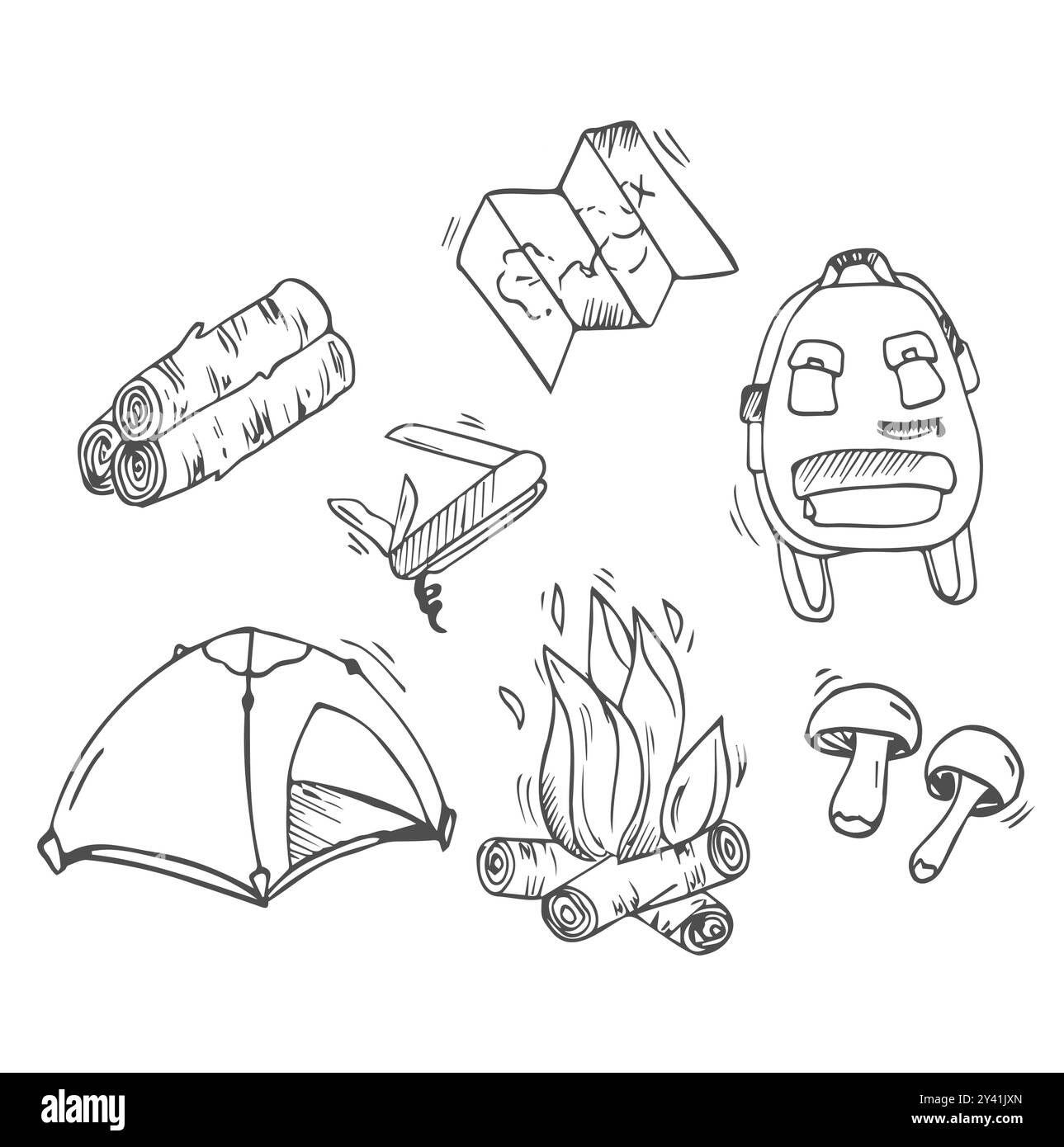 Set of doodle forest camping design elements. Hand drawn vector illustrations isolated Stock Vector