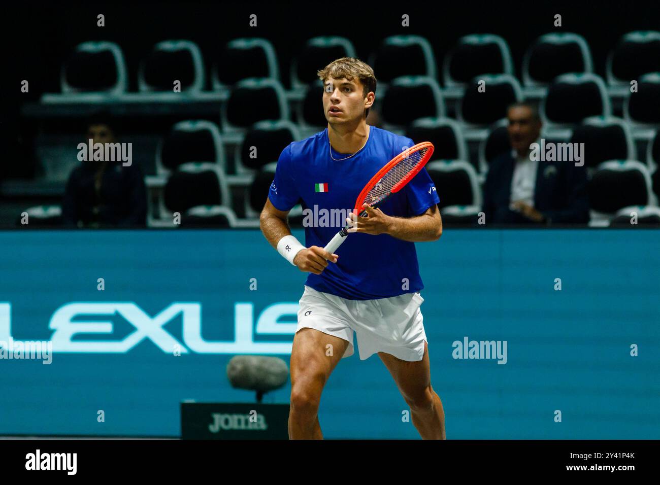 Bologna, Italy. 15th Sep, 2024. Flavio Cobolli of Italy in action against Tallon Griekspoor of Netherlands during the group stage match of the 2024 Davis Cup Finals Bologna between Italy and Netherlands at the Unipol Arena on 15 September 2024 in Bologna, Italy. Credit: Massimiliano Donati/Alamy Live News Stock Photo