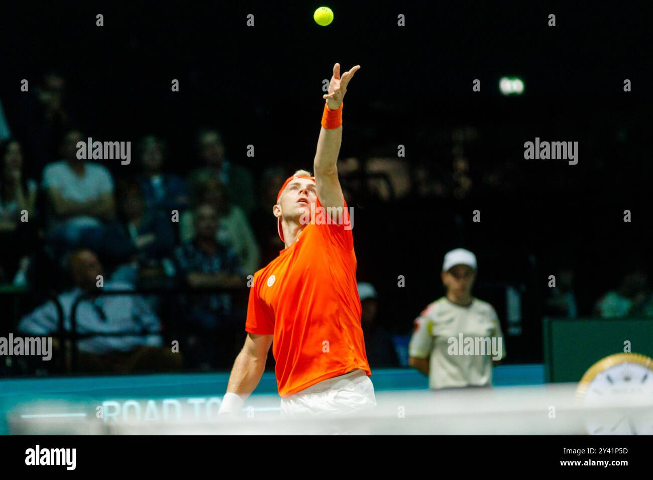 Bologna, Italy. 15th Sep, 2024. Tallon Griekspoor of Netherlands in action against Flavio Cobolli of Italy during the group stage match of the 2024 Davis Cup Finals Bologna between Italy and Netherlands at the Unipol Arena on 15 September 2024 in Bologna, Italy. Credit: Massimiliano Donati/Alamy Live News Stock Photo